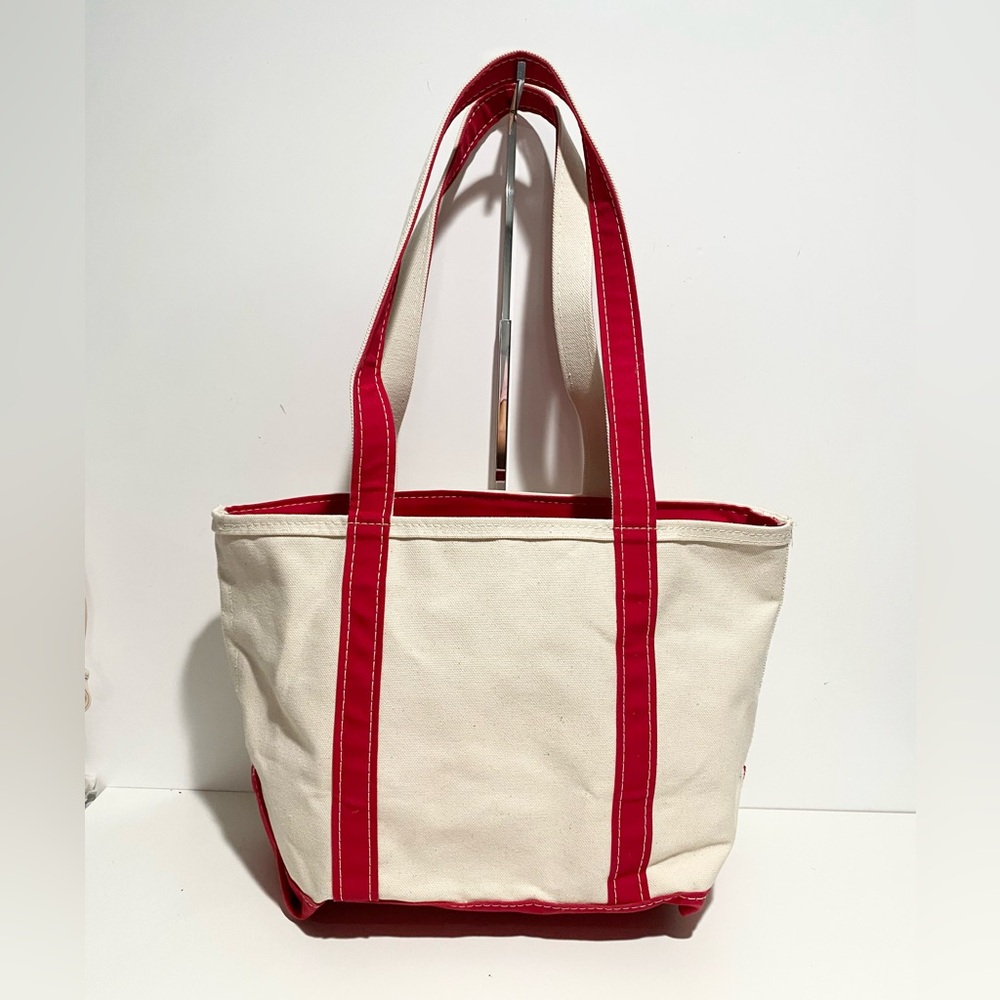 LL Bean Vintage Medium Boat and Tote Red and Cream Tote Bag Carry Travel Canvas